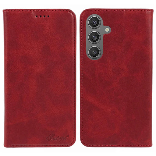 SUTENI For Samsung Galaxy S24 Mobile Phone Case PU Leather Foldable Stand Wallet Cover - Red - 1