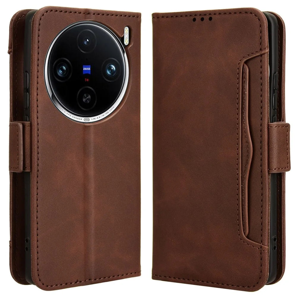 For vivo X100 5G Case Multiple Card Slots Function Wallet Leather Phone Cover - Brown - 1