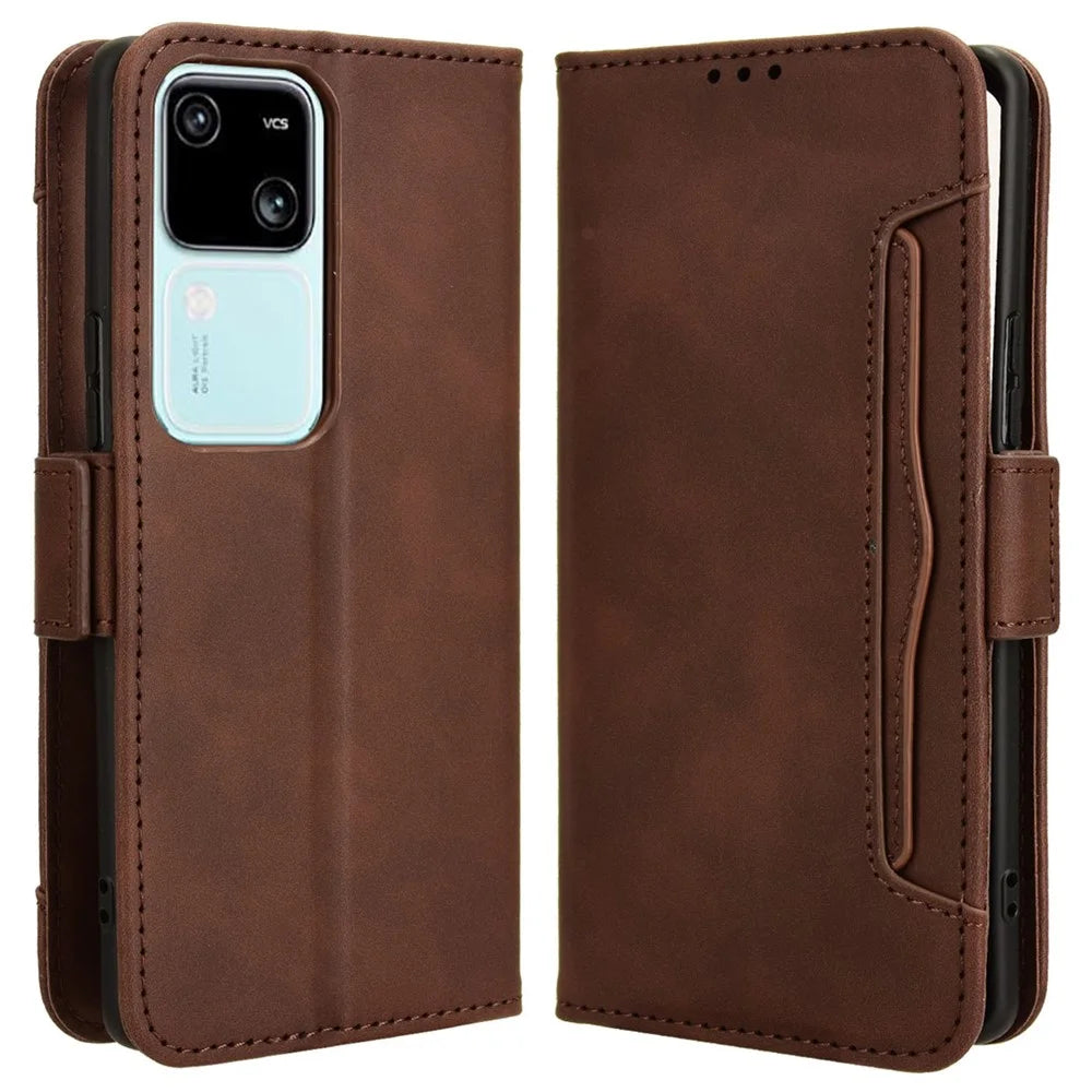 For vivo S18 5G / S18 Pro 5G / V30 5G / V30 Pro 5G Case PU Leather Stand Multiple Card Slots Phone Cover - Brown - 1