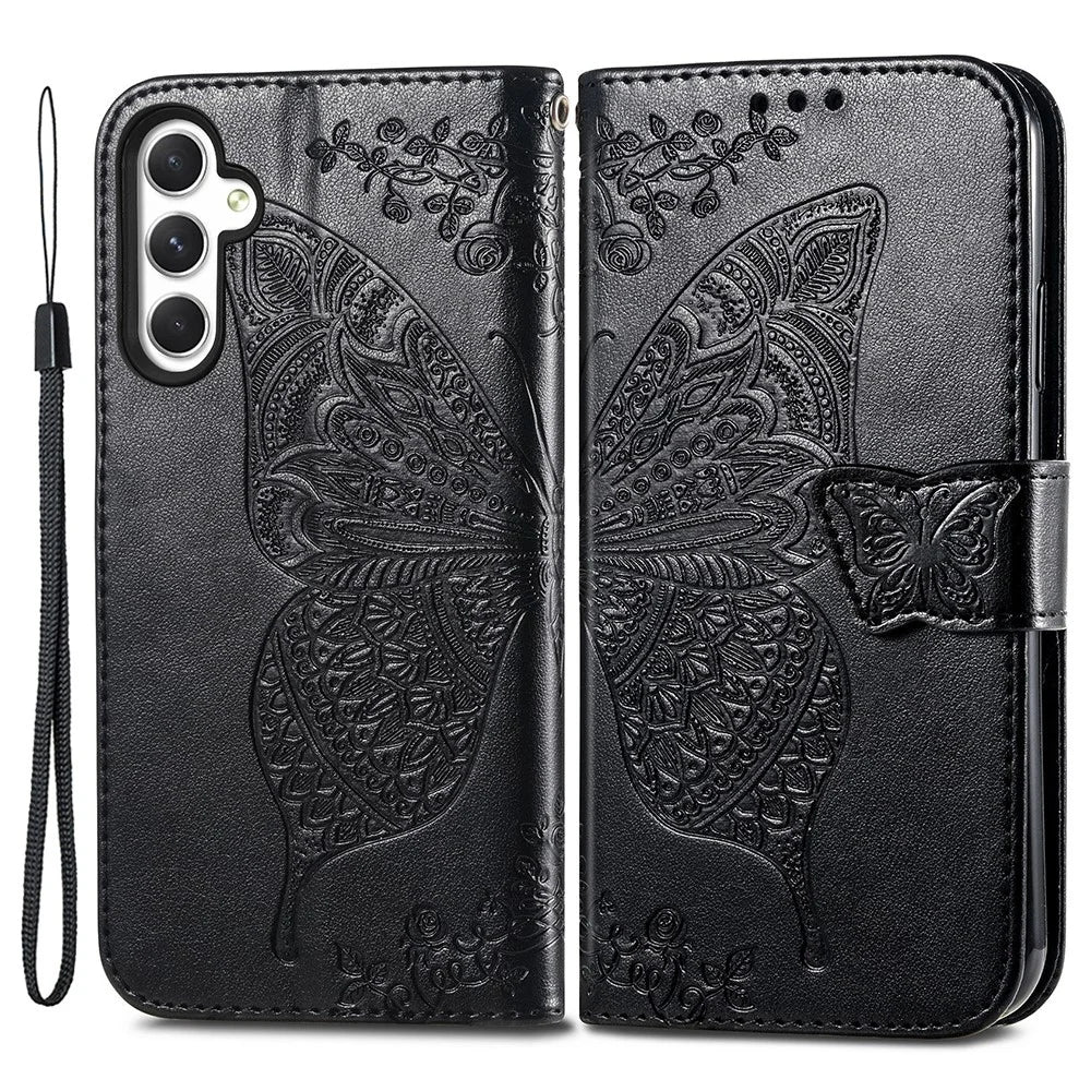 For Samsung Galaxy A55 5G Cell Phone Case Butterfly Imprinted Leather Cover - Black - 1