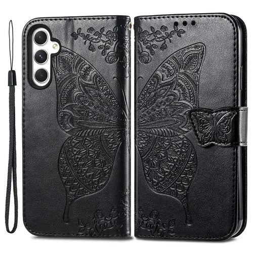 For Samsung Galaxy A55 5G Cell Phone Case Butterfly Imprinted Leather Cover - Black - 1