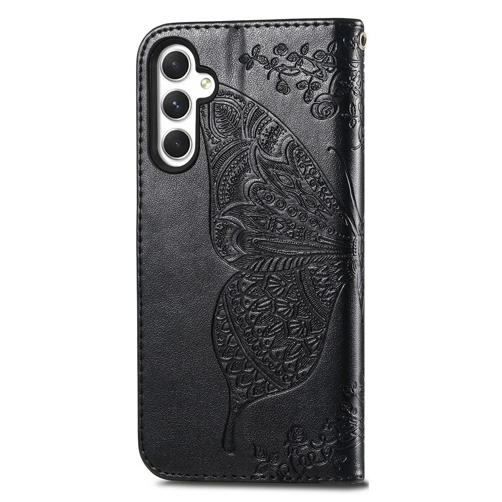 For Samsung Galaxy A55 5G Cell Phone Case Butterfly Imprinted Leather Cover - Black - 4