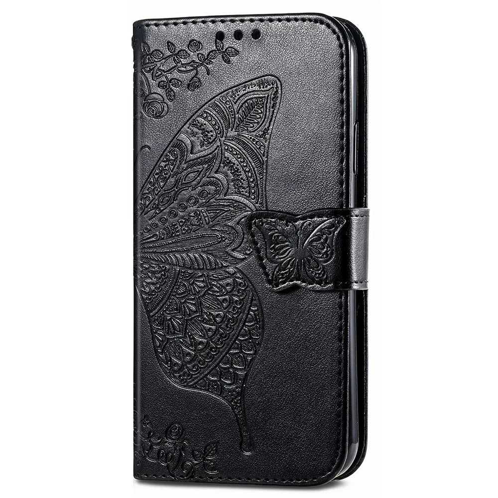 For Samsung Galaxy A55 5G Cell Phone Case Butterfly Imprinted Leather Cover - Black - 5