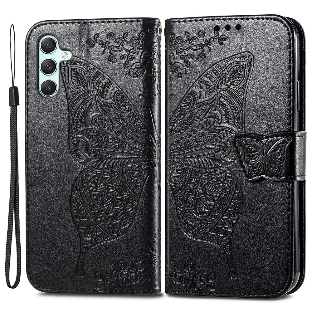 For Samsung Galaxy A35 5G Leather Case Butterfly Imprinted Phone Cover with Wrist Strap - Black - 1