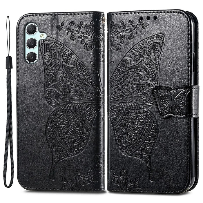 For Samsung Galaxy A35 5G Leather Case Butterfly Imprinted Phone Cover with Wrist Strap - Black - 1