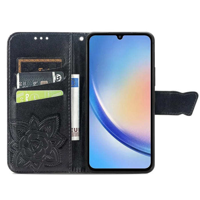 For Samsung Galaxy A35 5G Leather Case Butterfly Imprinted Phone Cover with Wrist Strap - Black - 2