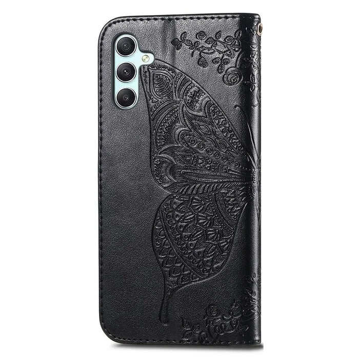 For Samsung Galaxy A35 5G Leather Case Butterfly Imprinted Phone Cover with Wrist Strap - Black - 4