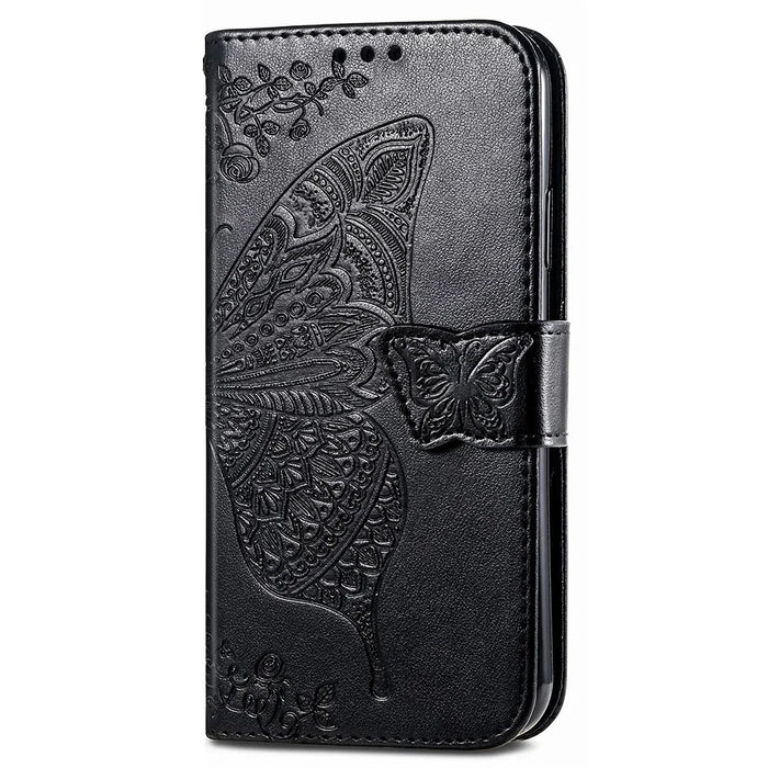 For Samsung Galaxy A35 5G Leather Case Butterfly Imprinted Phone Cover with Wrist Strap - Black - 5