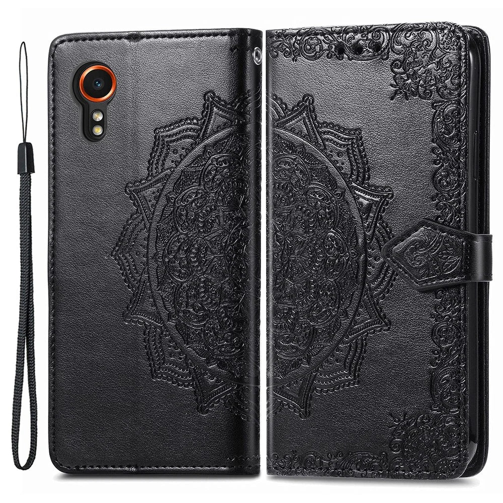 For Samsung Galaxy Xcover7 Magnetic Phone Case Embossed Mandala Floral Card Slots Cover - Black - 1