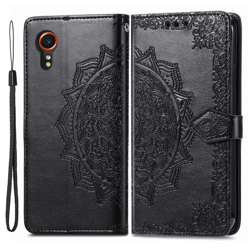 For Samsung Galaxy Xcover7 Magnetic Phone Case Embossed Mandala Floral Card Slots Cover - Black - 1