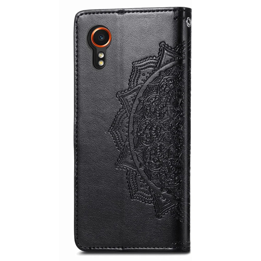 For Samsung Galaxy Xcover7 Magnetic Phone Case Embossed Mandala Floral Card Slots Cover - Black - 4