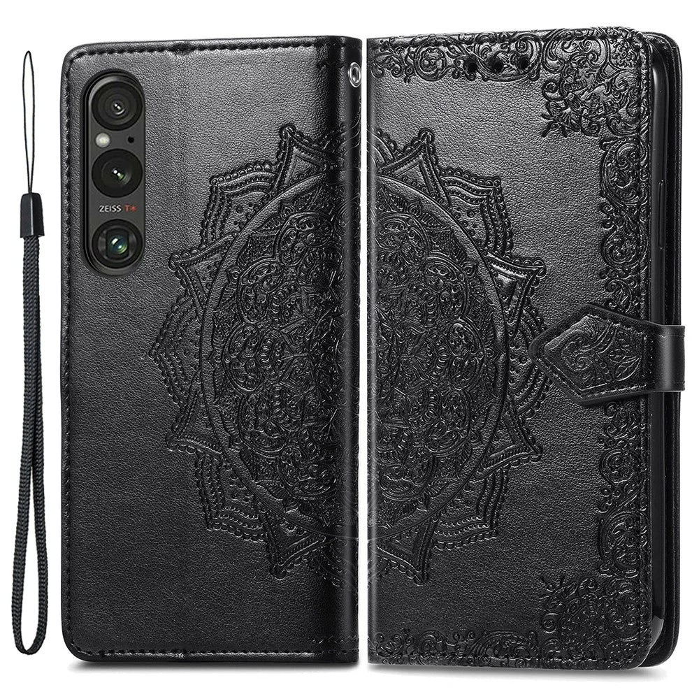 For Sony Xperia 1 V Case Mandala Embossed Leather Phone Cover with 3 Card Slots - Black - 1