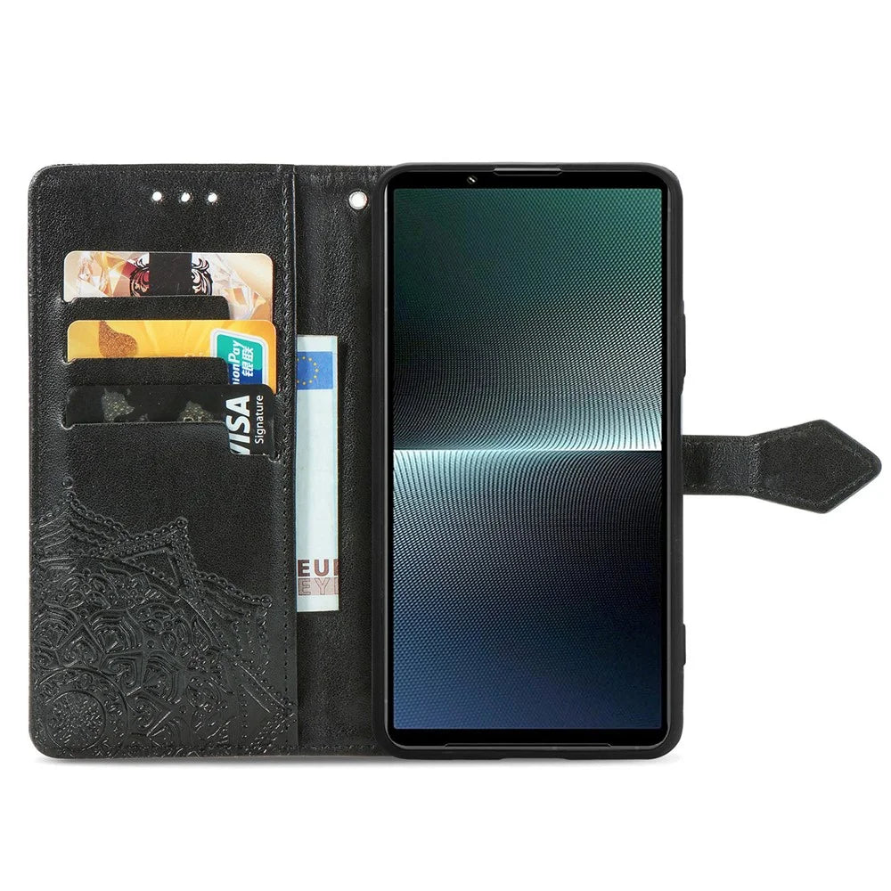 For Sony Xperia 1 V Case Mandala Embossed Leather Phone Cover with 3 Card Slots - Black - 2