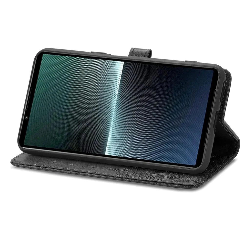For Sony Xperia 1 V Case Mandala Embossed Leather Phone Cover with 3 Card Slots - Black - 3
