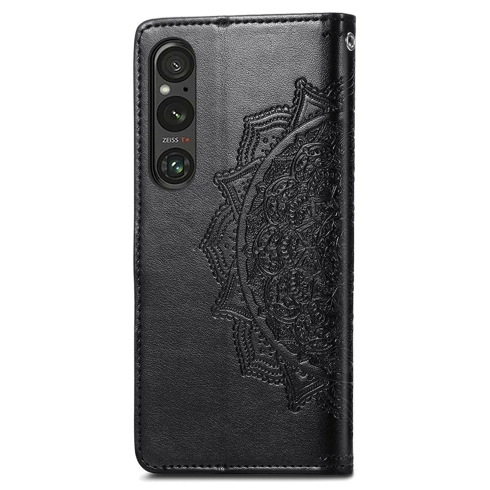 For Sony Xperia 1 V Case Mandala Embossed Leather Phone Cover with 3 Card Slots - Black - 4