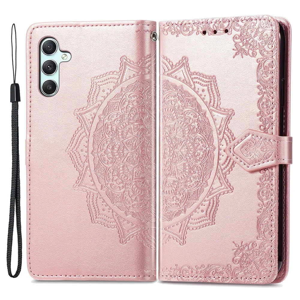 For Samsung Galaxy A55 5G Cell Phone Case Magnetic Embossed Mandala Floral Shell - Rose Gold - 1