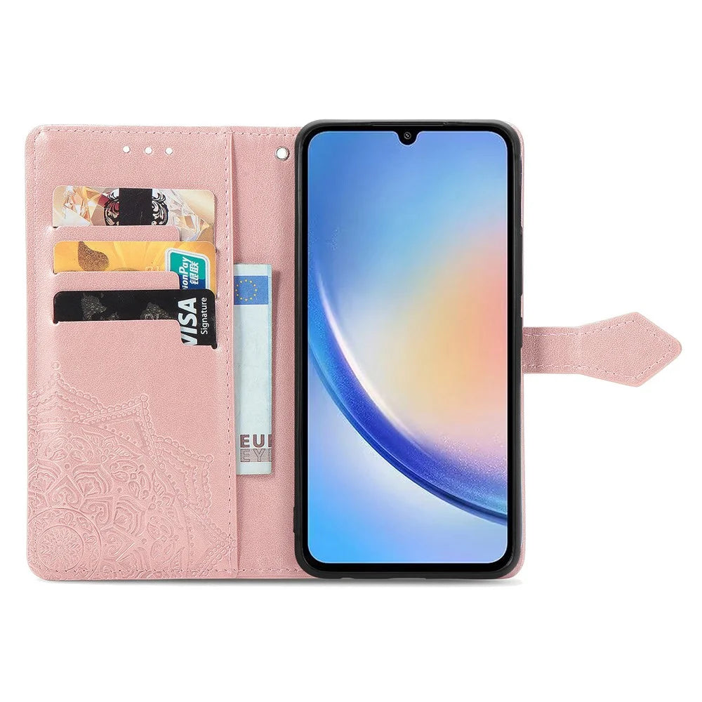 For Samsung Galaxy A55 5G Cell Phone Case Magnetic Embossed Mandala Floral Shell - Rose Gold - 2