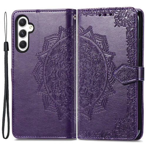 For Samsung Galaxy A35 5G Case Embossed Mandala Floral PU Leather+TPU Phone Cover - Purple - 1