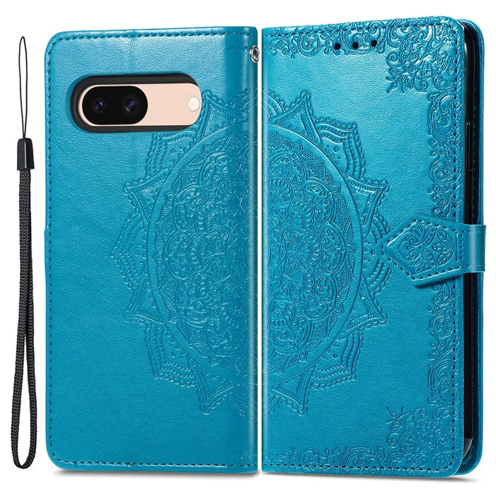 For Google Pixel 8a Case Flip Wallet PU Leather Mandala Embossed Design Phone Cover - Blue - 1
