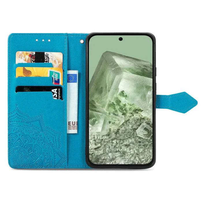 For Google Pixel 8a Case Flip Wallet PU Leather Mandala Embossed Design Phone Cover - Blue - 2