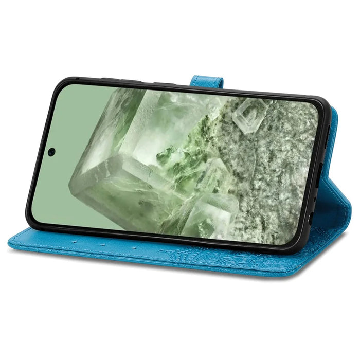 For Google Pixel 8a Case Flip Wallet PU Leather Mandala Embossed Design Phone Cover - Blue - 3
