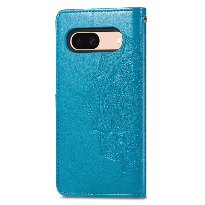 For Google Pixel 8a Case Flip Wallet PU Leather Mandala Embossed Design Phone Cover - Blue - 4