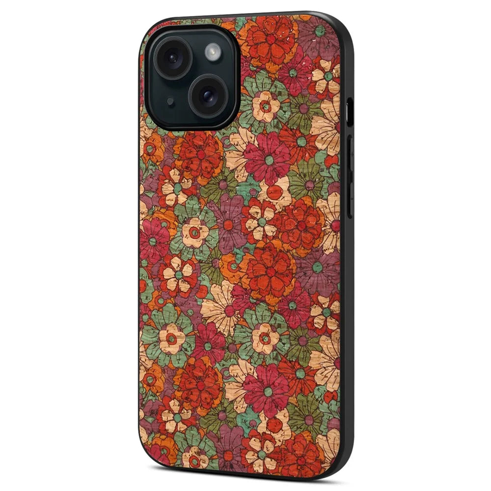 For iPhone 15 Leather Back Cover Floral Pattern TPU+PC Slim Phone Case - Summer / Red - 1