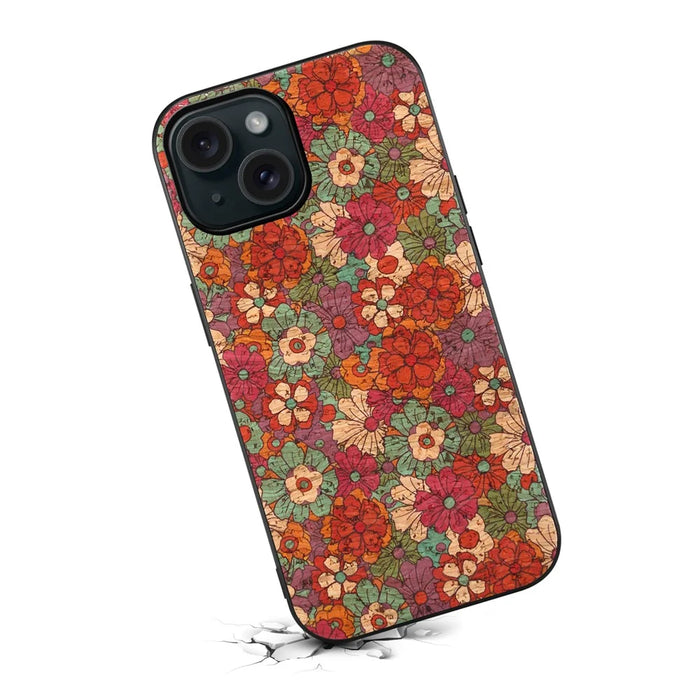 For iPhone 15 Leather Back Cover Floral Pattern TPU+PC Slim Phone Case - Summer / Red - 2
