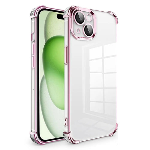 For iPhone 15 Case Electroplate TPU Clear Back Phone Cover with PVC Lens Film - Pink - 1