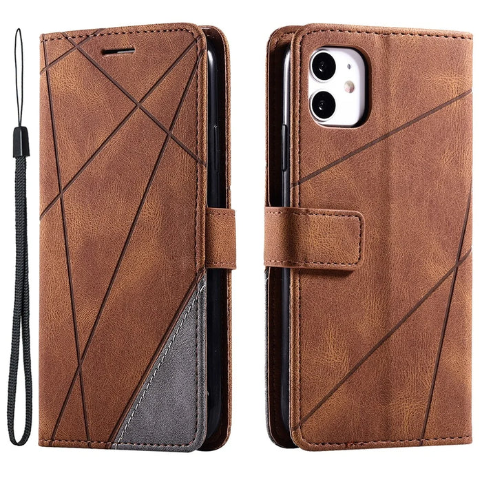 For iPhone 11 Leather Case with Strap Skin-touch Splicing Wallet Phone Cover - Brown - 1