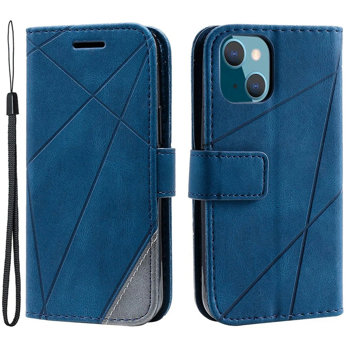 For iPhone 13 Case Splicing Leather Phone Cover with Wallet Card Slots - Blue - 1