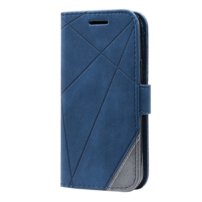 For iPhone 13 Case Splicing Leather Phone Cover with Wallet Card Slots - Blue - 7