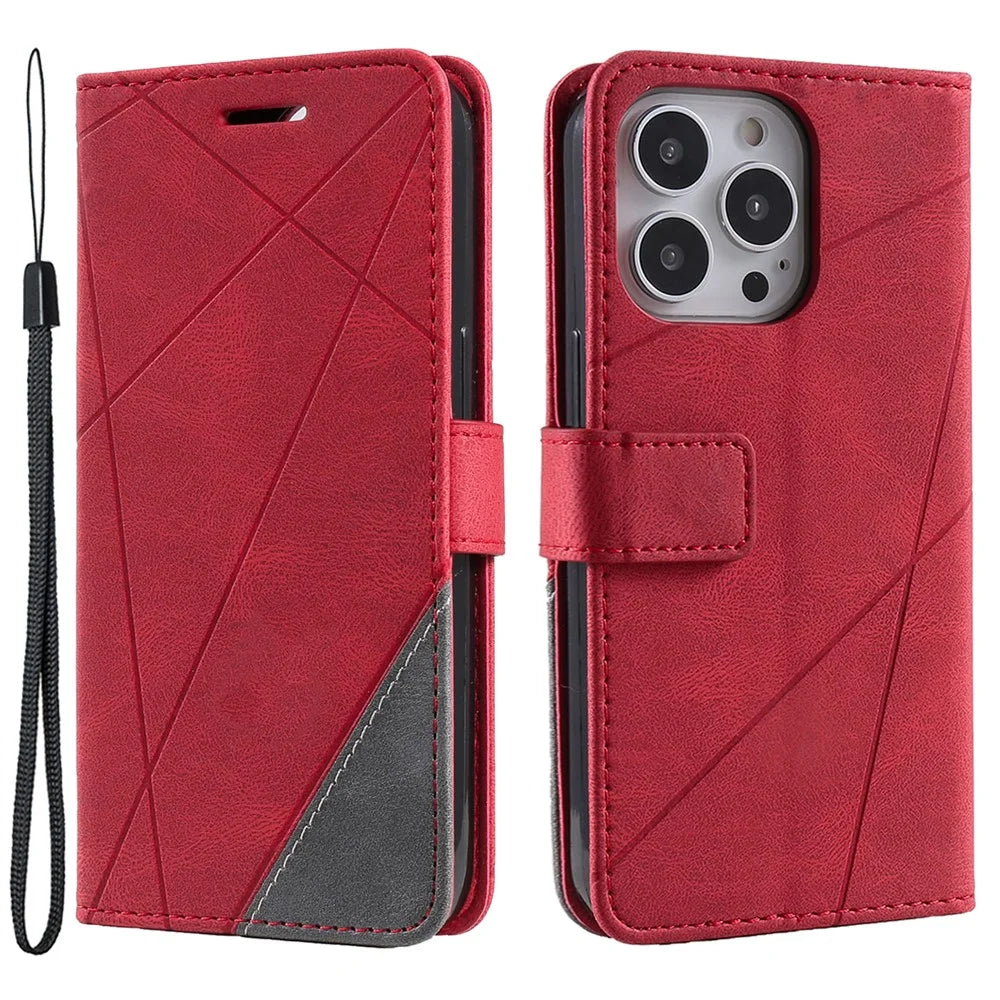 For iPhone 15 Pro Magnetic Case Splicing Design Wallet Stand Phone Cover - Red - 1