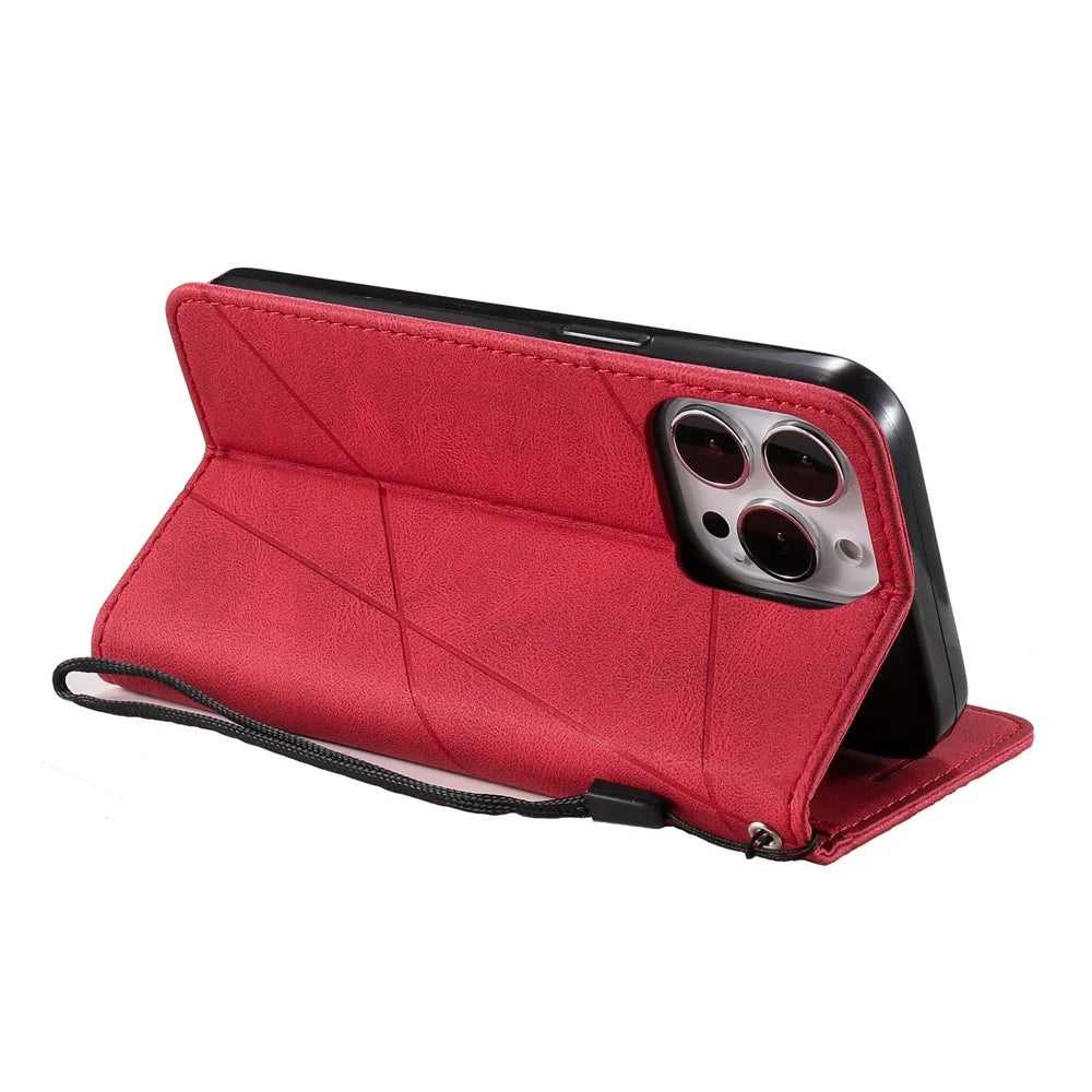 For iPhone 15 Pro Magnetic Case Splicing Design Wallet Stand Phone Cover - Red - 3