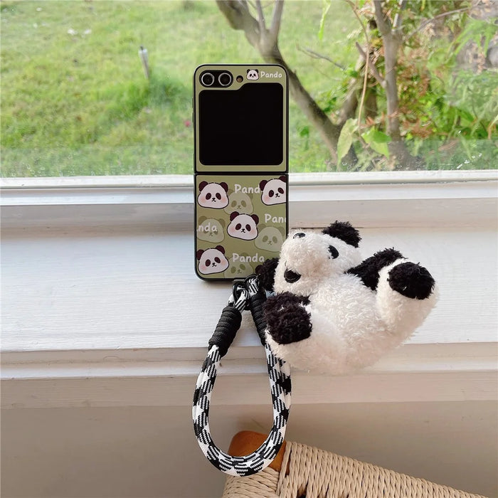 For Samsung Galaxy Z Flip5 5G Case Panda Pattern PC Phone Cover with Hand Strap, Small Doll - Style A - 1