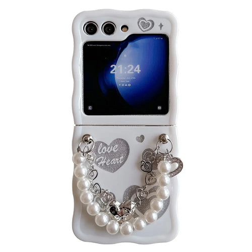 For Samsung Galaxy Z Flip5 5G Case Glitter Power Pattern TPU Phone Protective Shell with Hand Strap - Heart - 1