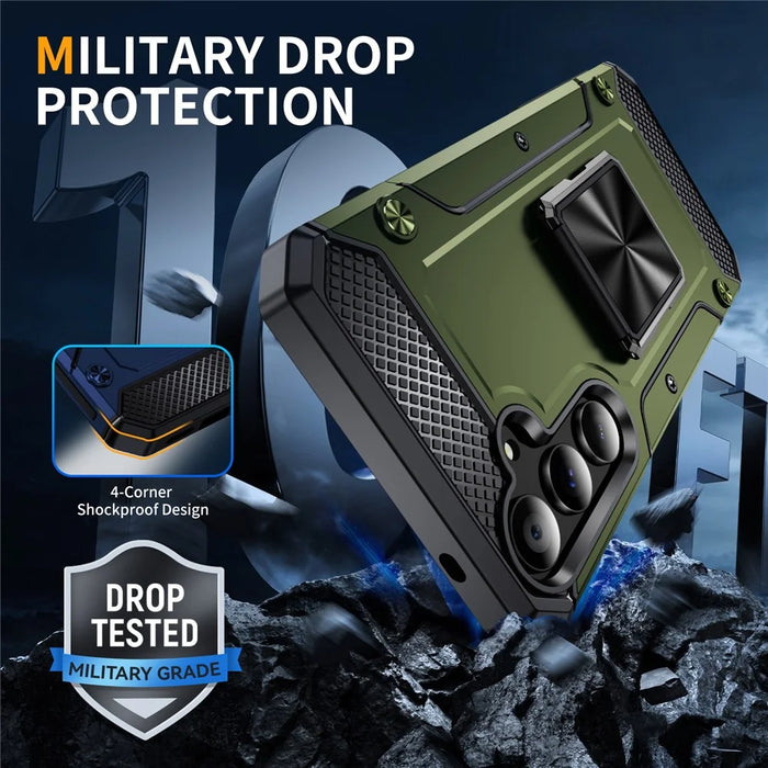 For Samsung Galaxy A55 5G Case Anti-Drop PC+TPU Kickstand Phone Cover - Army Green - 6