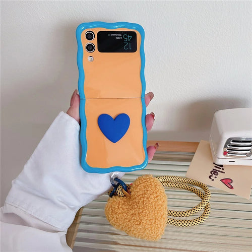 For Samsung Galaxy Z Flip4 5G Case TPU Contrasting Color Phone Cover with Heart Pendant Strap - Orange+Blue - 1