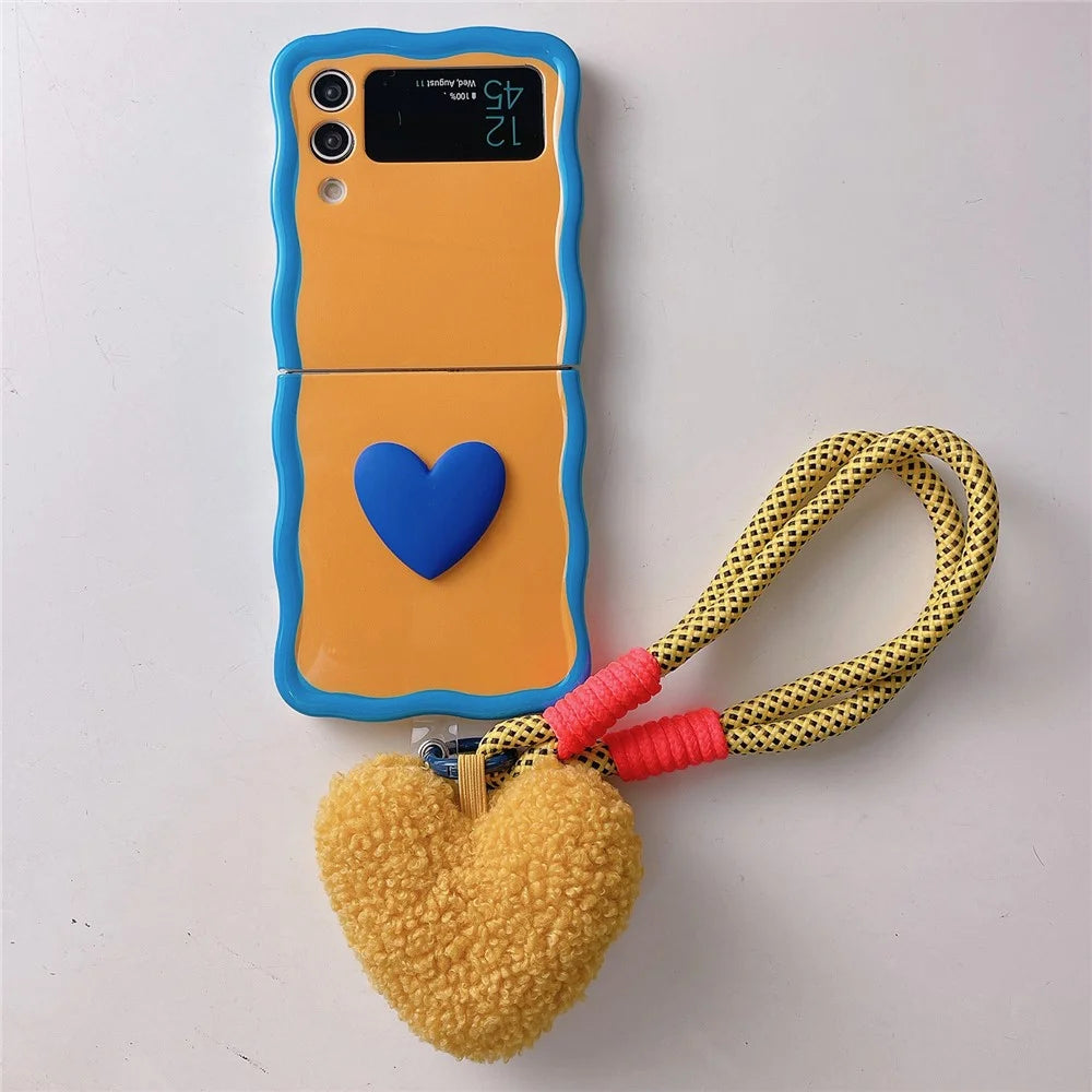 For Samsung Galaxy Z Flip4 5G Case TPU Contrasting Color Phone Cover with Heart Pendant Strap - Orange+Blue - 2
