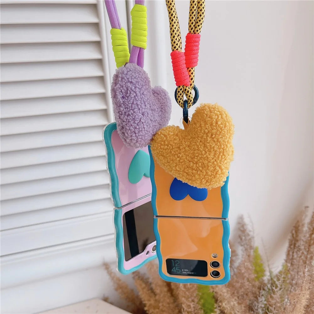 For Samsung Galaxy Z Flip4 5G Case TPU Contrasting Color Phone Cover with Heart Pendant Strap - Orange+Blue - 3