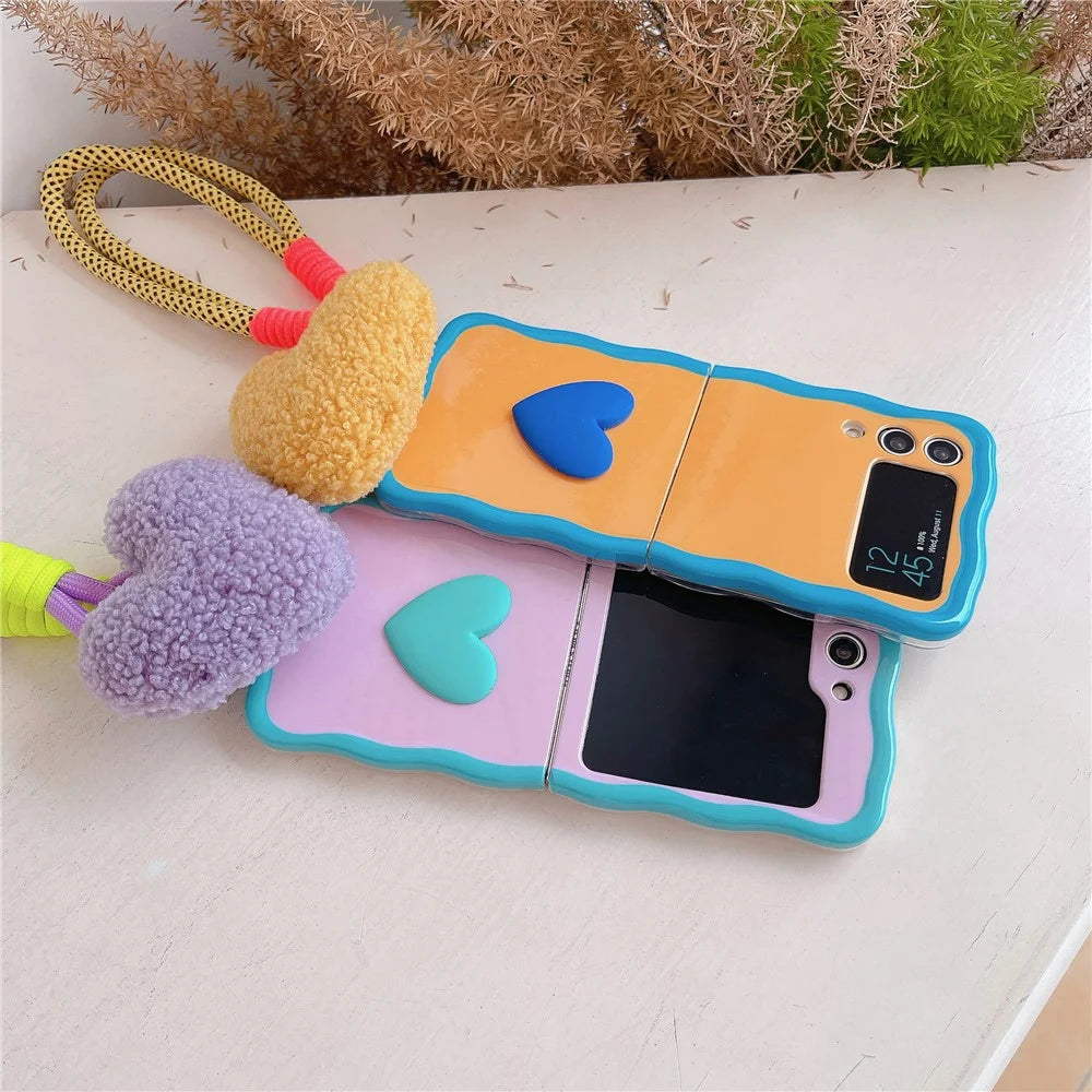For Samsung Galaxy Z Flip4 5G Case TPU Contrasting Color Phone Cover with Heart Pendant Strap - Orange+Blue - 4