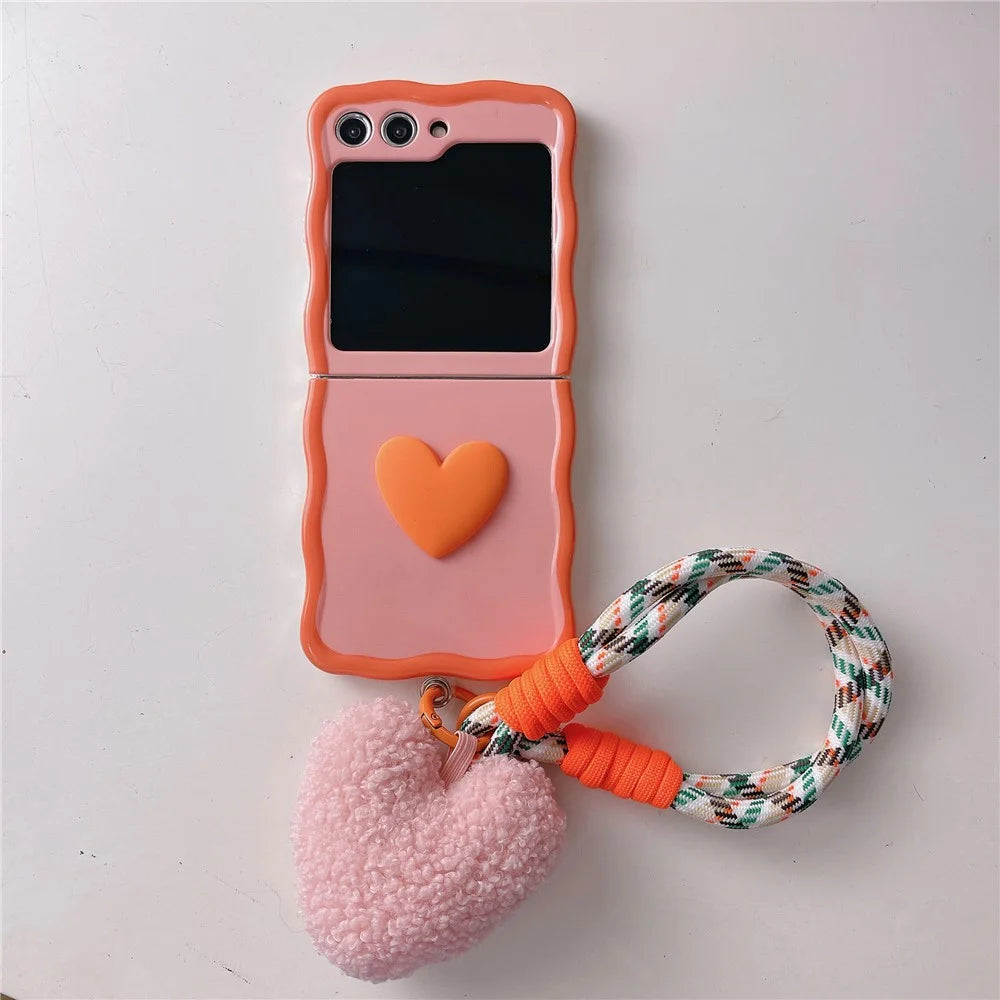 For Samsung Galaxy Z Flip5 5G Case Heart Pattern TPU Phone Cover with Hand Strap - Orange+Pink - 1