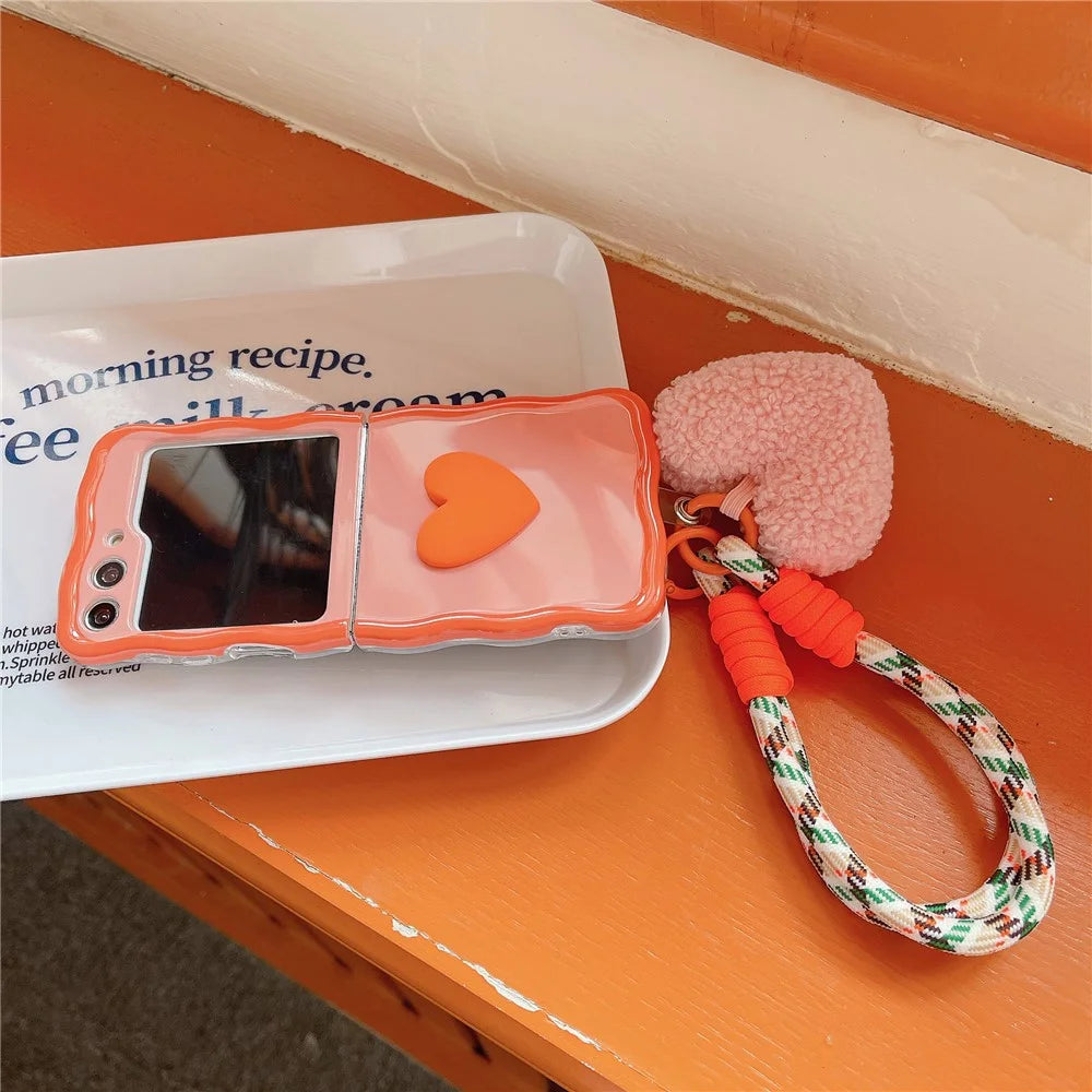 For Samsung Galaxy Z Flip5 5G Case Heart Pattern TPU Phone Cover with Hand Strap - Orange+Pink - 3