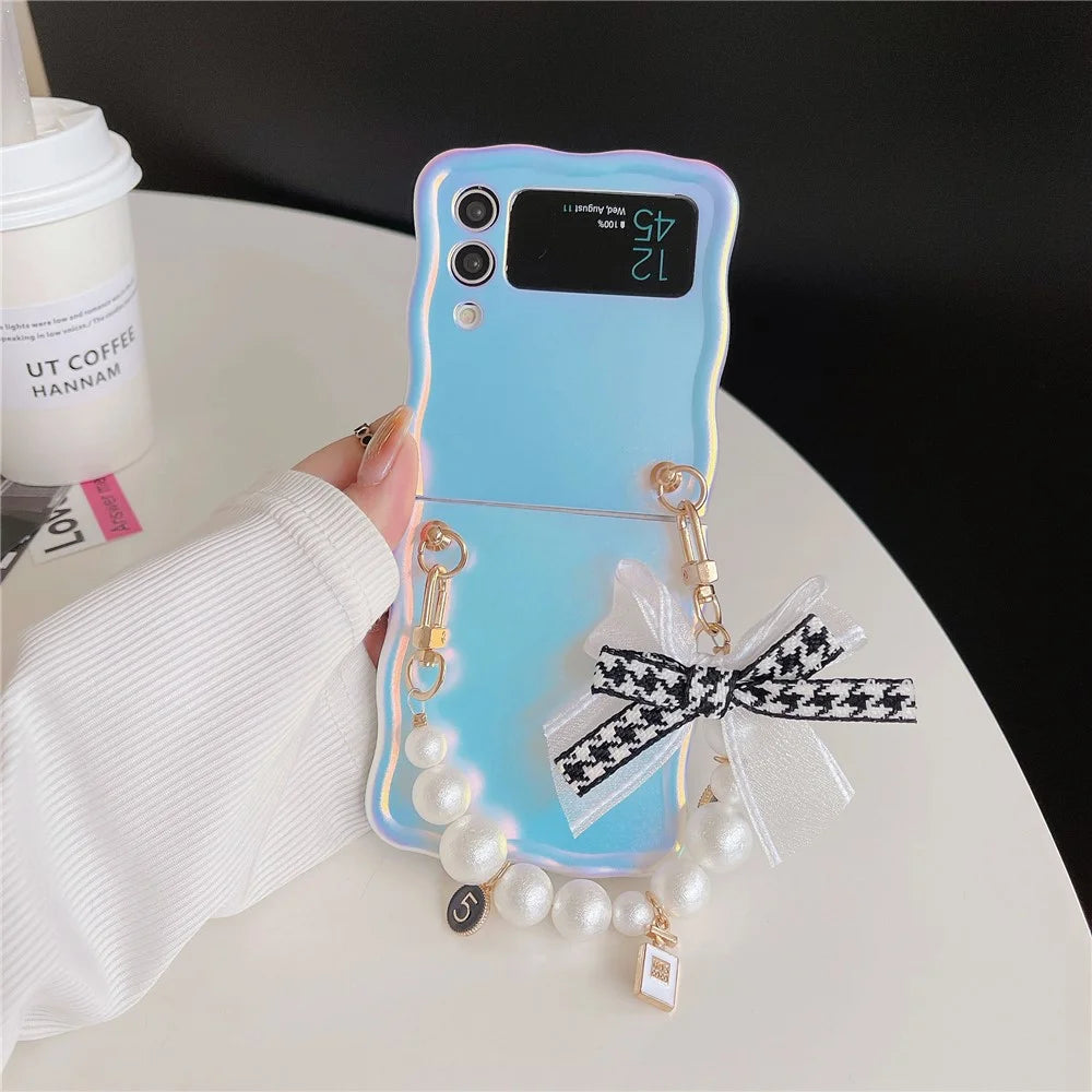 For Samsung Galaxy Z Flip4 5G Case TPU Shinny Laser Phone Cover with Pearl Bracelet - 2