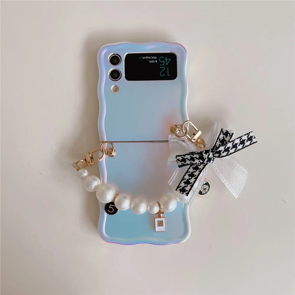 For Samsung Galaxy Z Flip4 5G Case TPU Shinny Laser Phone Cover with Pearl Bracelet - 3