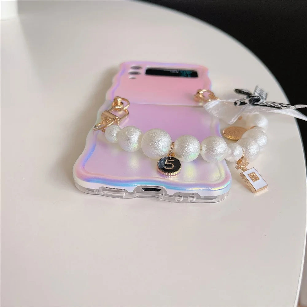 For Samsung Galaxy Z Flip4 5G Case TPU Shinny Laser Phone Cover with Pearl Bracelet - 5