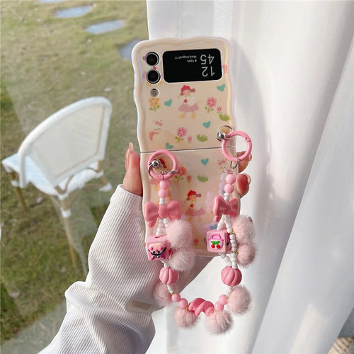 For Samsung Galaxy Z Flip4 5G Case IMD Girl Flower Pattern TPU Phone Cover with Beads Hand Strap - Girl 1 - 1