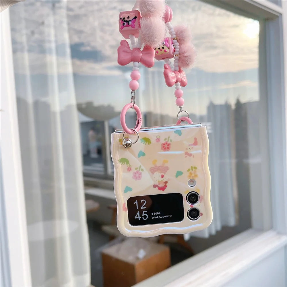 For Samsung Galaxy Z Flip4 5G Case IMD Girl Flower Pattern TPU Phone Cover with Beads Hand Strap - Girl 1 - 4