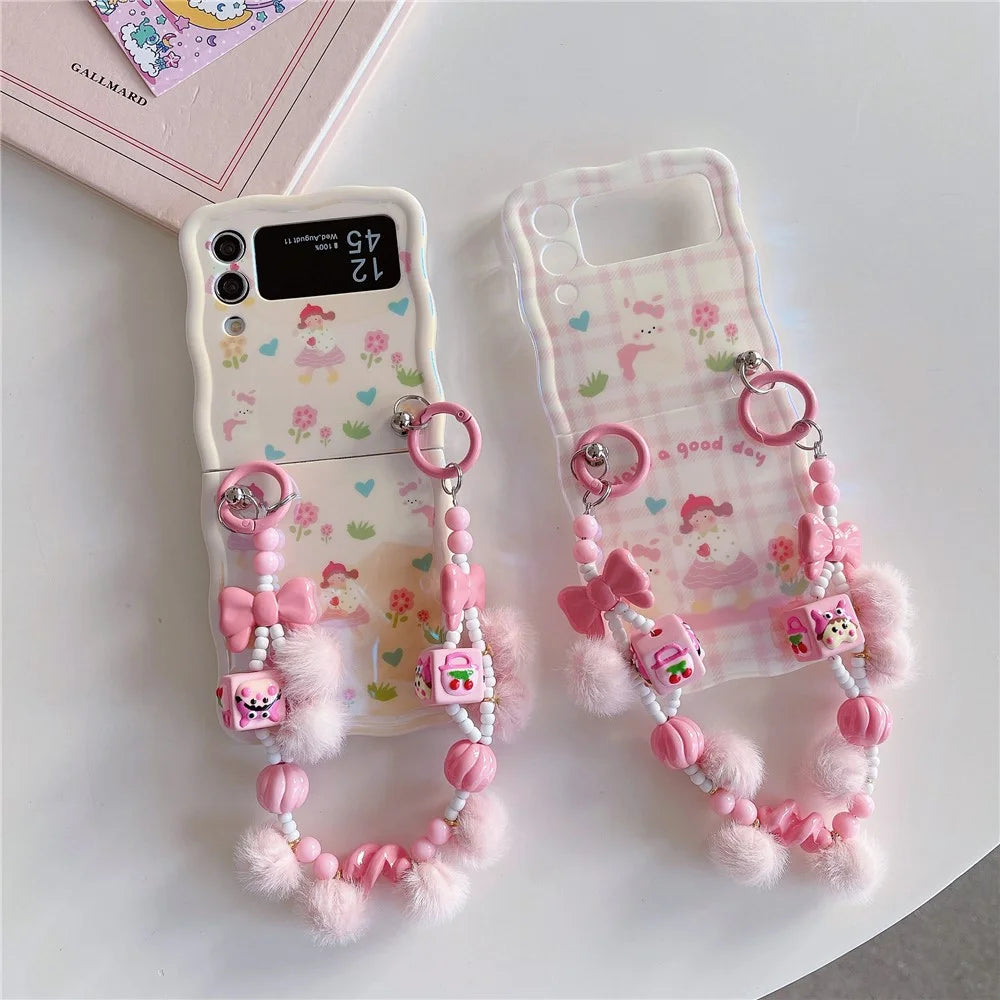 For Samsung Galaxy Z Flip4 5G Case IMD Girl Flower Pattern TPU Phone Cover with Beads Hand Strap - Girl 1 - 5