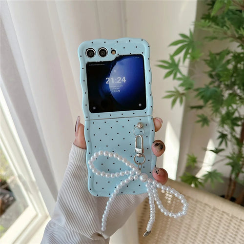 For Samsung Galaxy Z Flip5 5G Case TPU Folding Phone Cover with Pearls Bowknot Pendant - Blue+Black Dot - 1